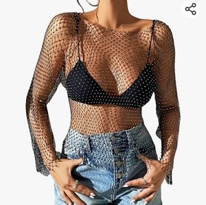 Black FishNet Rhinestone Top. Size M.